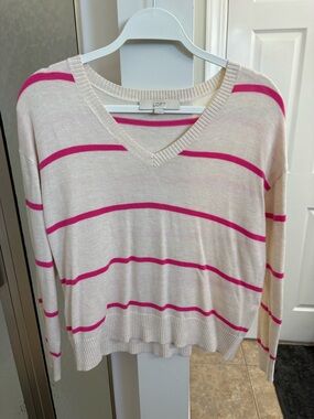 LOFT Cream Sweater with Bright Pink Stripes